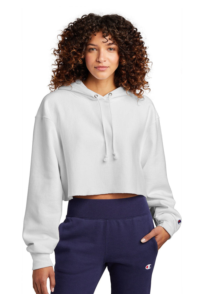 Champion Women's Reverse Weave Cropped Cut-Off Hooded Sweatshirt RW01W | White