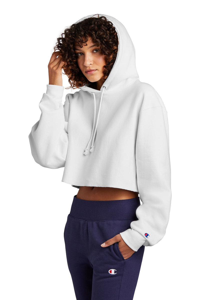 Champion Women's Reverse Weave Cropped Cut-Off Hooded Sweatshirt RW01W | White