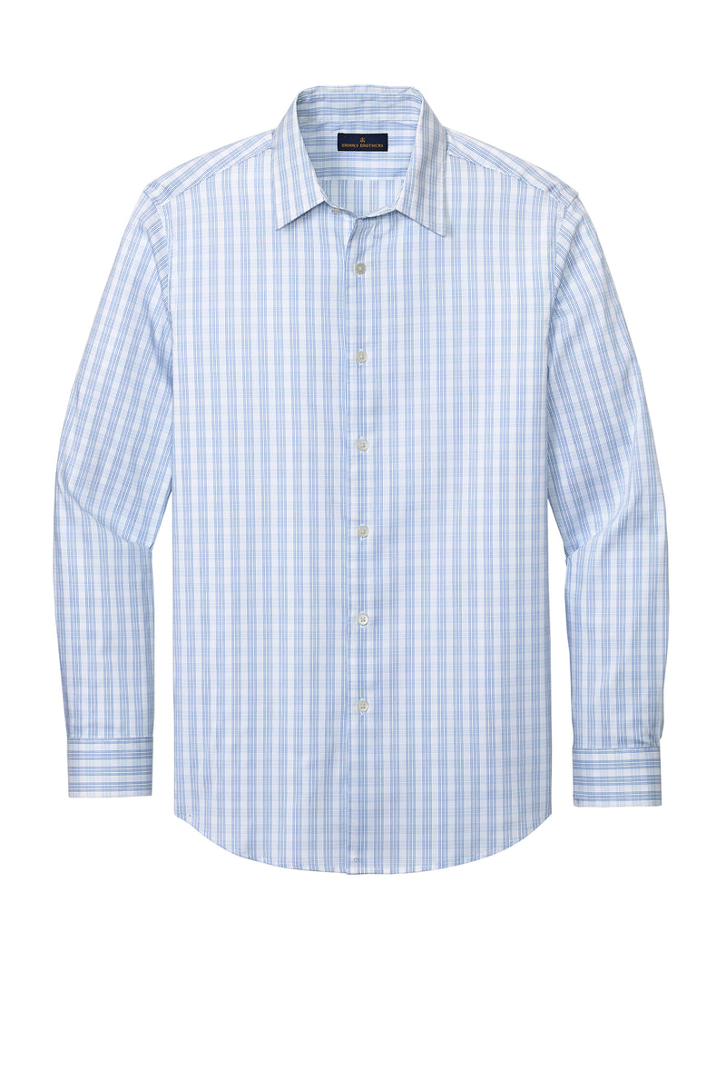Brooks Brothers Tech Stretch Patterned Shirt | BB18006 | White Newport Blue Grid Check